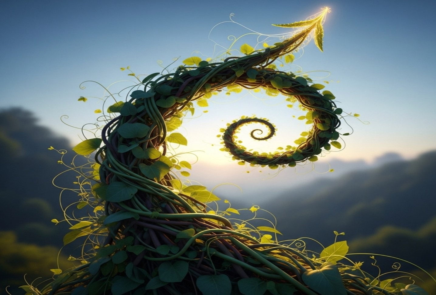 Groene spiraalvormige wijnstok tegen een zonsopgang — symbool voor organische groei en de Transformatiespiraal