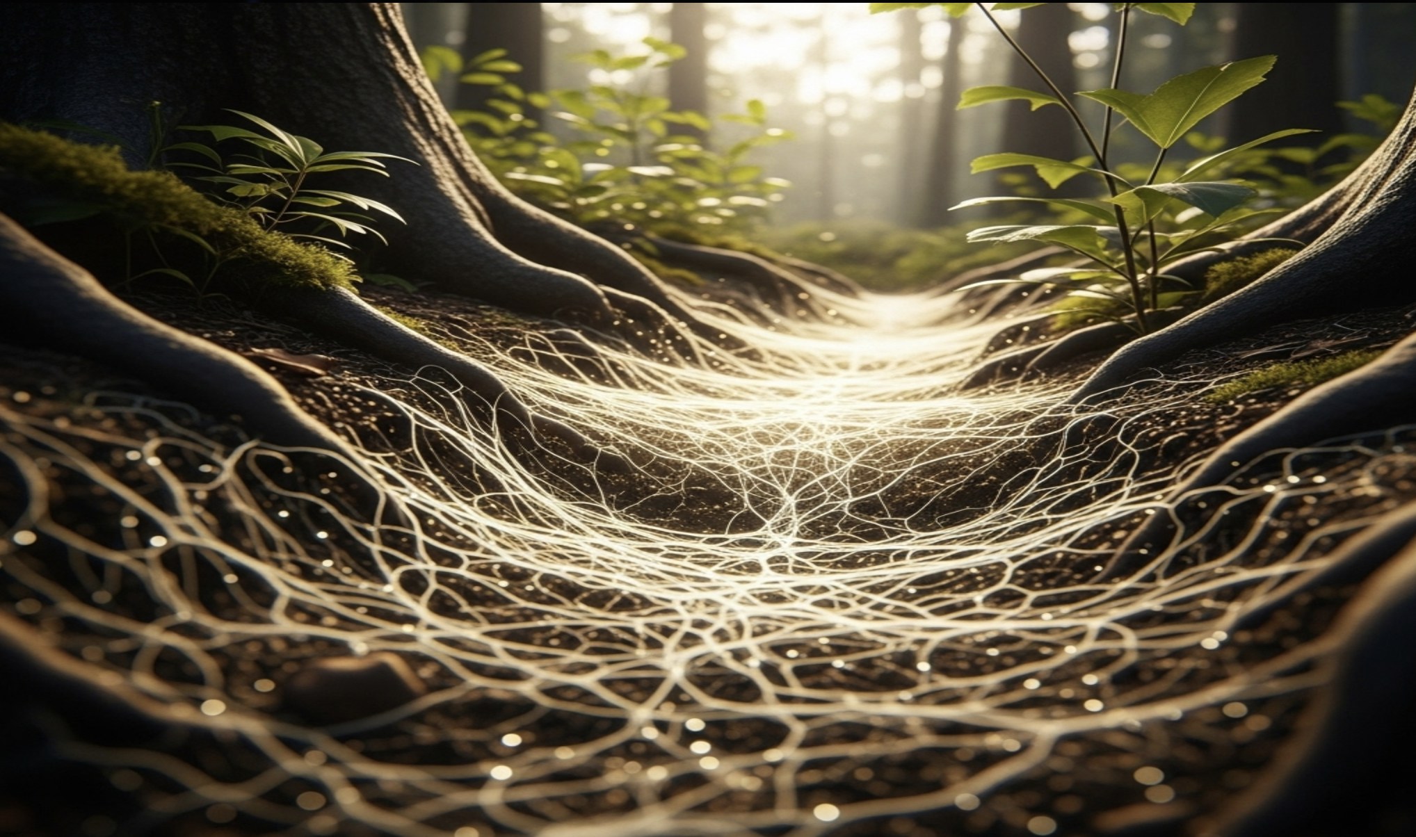 Wortels van bomen verbonden door een lichtgevend netwerk